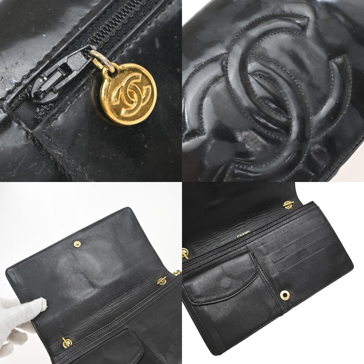 CHANEL CC Logo Mini Chain Wallet Shoulder Bag Patent Leather Black GHW 76RF666