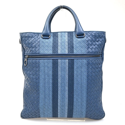 BOTTEGA VENETA Logo Intrecciato Hand Tote Bag Canvas Leather Blue Italy 38ZA106