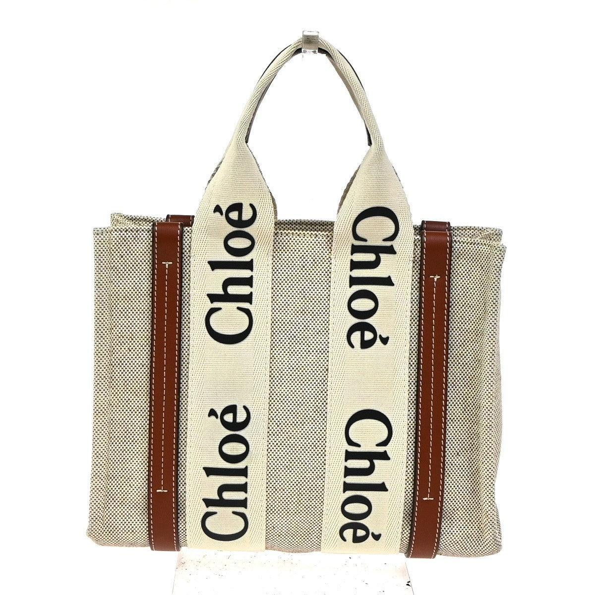 CHLOE Logo Woody Small Hand Tote Bag Canvas Leather Beige Brown Italy 77RQ021