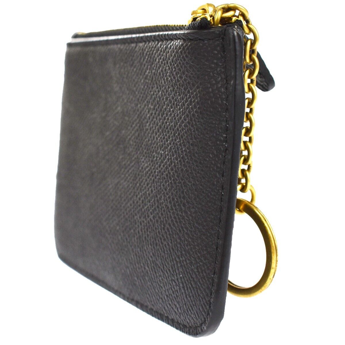 BALENCIAGA BB Logo Coin Wallet Purse Key Ring Leather Black Gold Italy 65RH003
