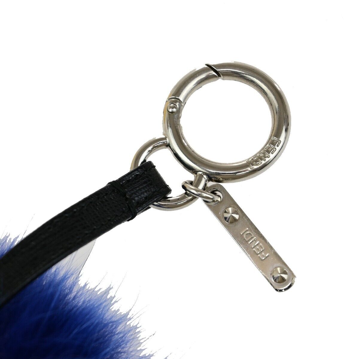 FENDI Logo Pompom Bag Charm Key Ring Chain Fur Leather Blue White SHW 04KA449