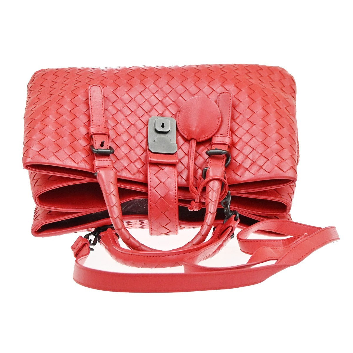 BOTTEGA VENETA Logo Intrecciato Roma 2way Shoulder Hand Bag Leather Red 91MA415