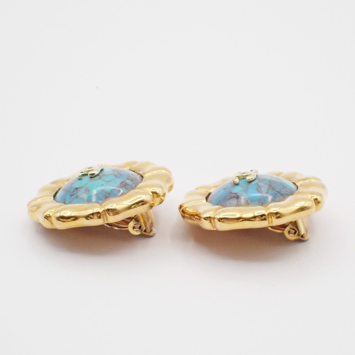 CHANEL CC Logo Color Stone Round Button Earrings Clip-On Blue GHW France 30RF655