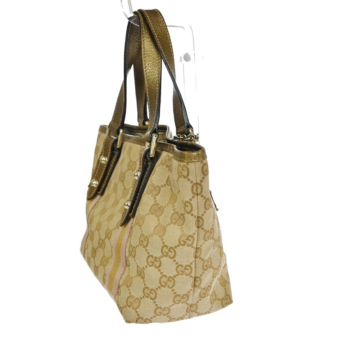 GUCCI GG Pattern Sherry Mini Hand Bag canvas Leather Beige Gold Italy 67DA078