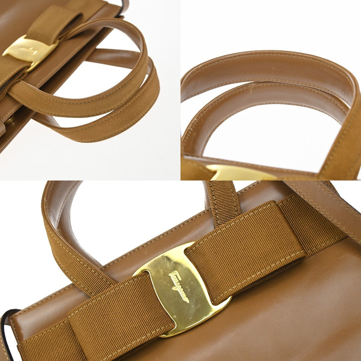 SALVATORE FERRAGAMO Vara 2Way Hand Bag Canvas Leather Brown Gold Italy 33EG249
