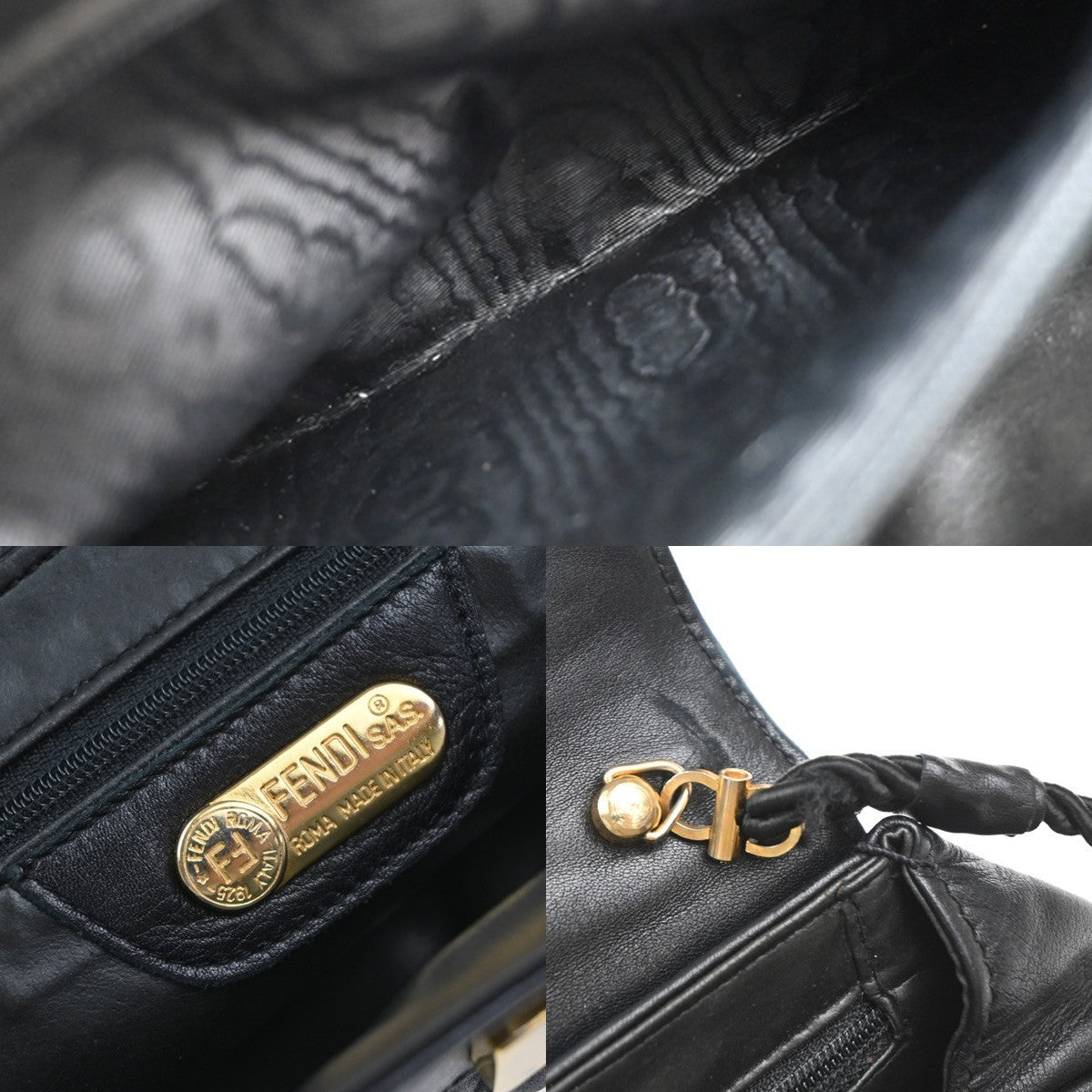 FENDI Logo Bow Shoulder Bag Fur Leather Black GHW Italy 65EG358