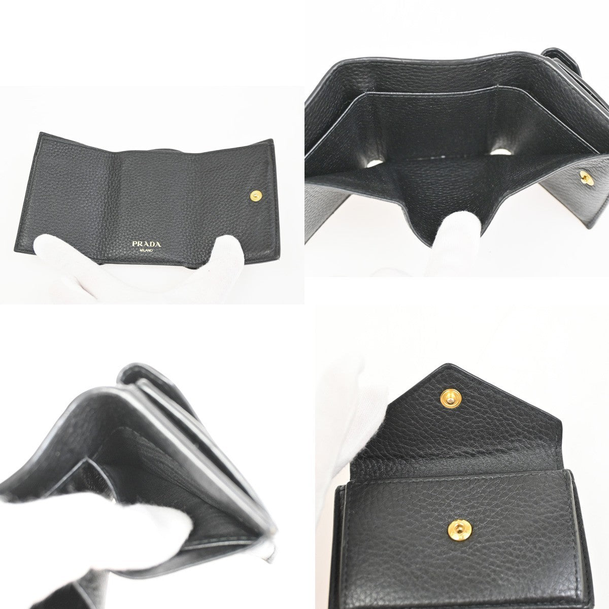 PRADA Logo Mini Compact Trifold Wallet Vitello Leather Black GHW 62KC693