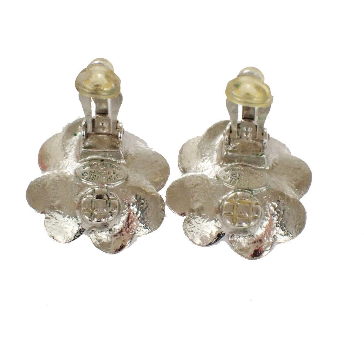 CHANEL 2 Set Earrings Brooch Rhinestone Camellia Clover 04P Clip-On SHW 16LC298