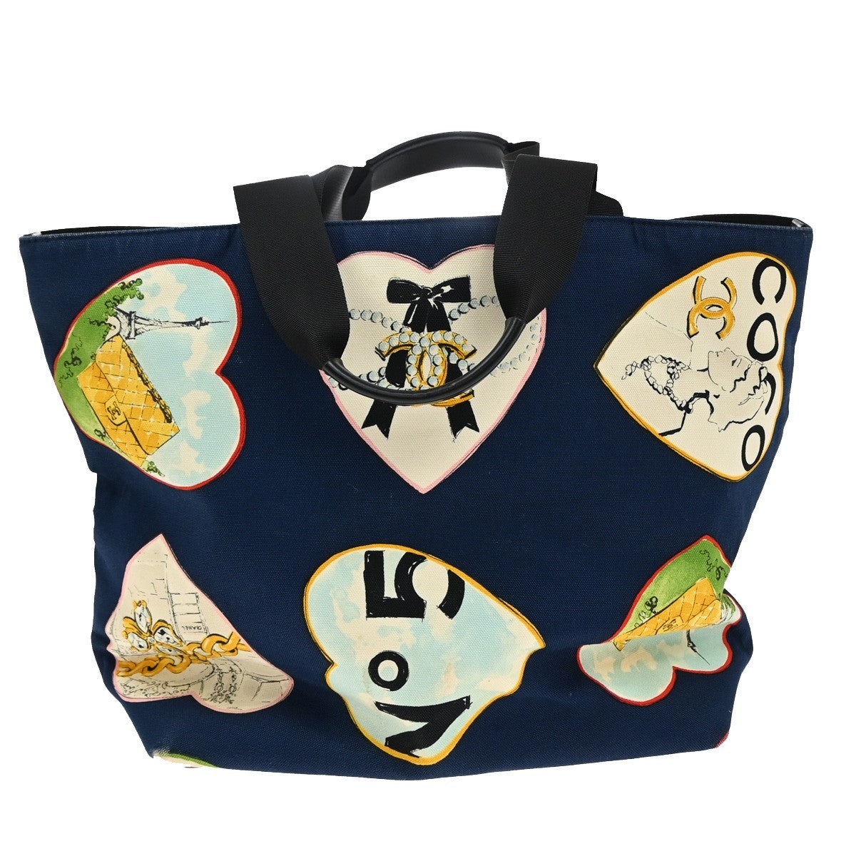 CHANEL Logo Valentine's Day Shoulder Tote Bag Canvas Leather Blue France 79RF678