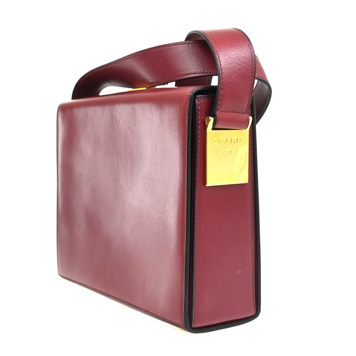 CELINE Logo Ring Shoulder Box Bag Leather Burgundy Italy GHW 38CA859