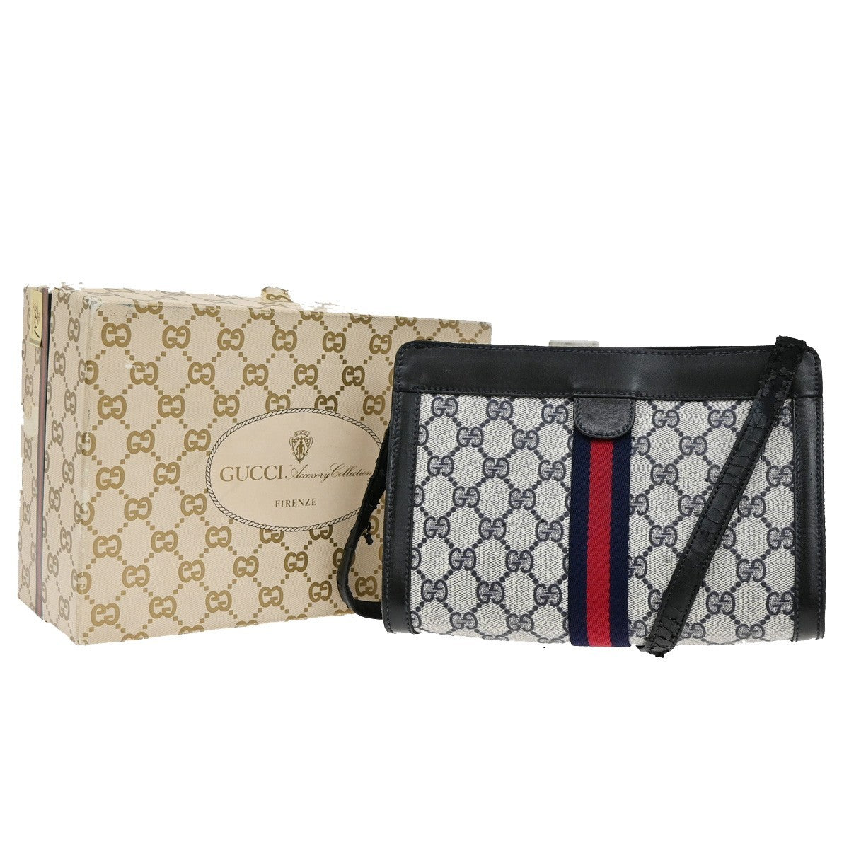GUCCI Parfums Sherry 2Way Clutch Shoulder Bag PVC Leather Navy Blue 01EF919