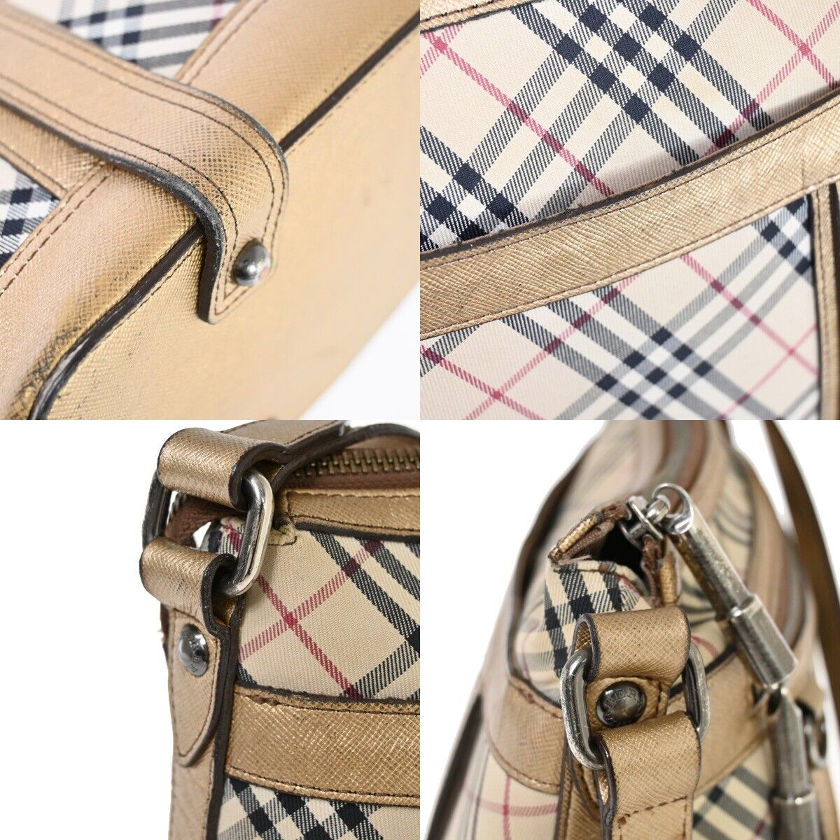 BURBERRY Logo Nova Check Shoulder Bag Canvas Leather Beige Gold Silver 60HB657