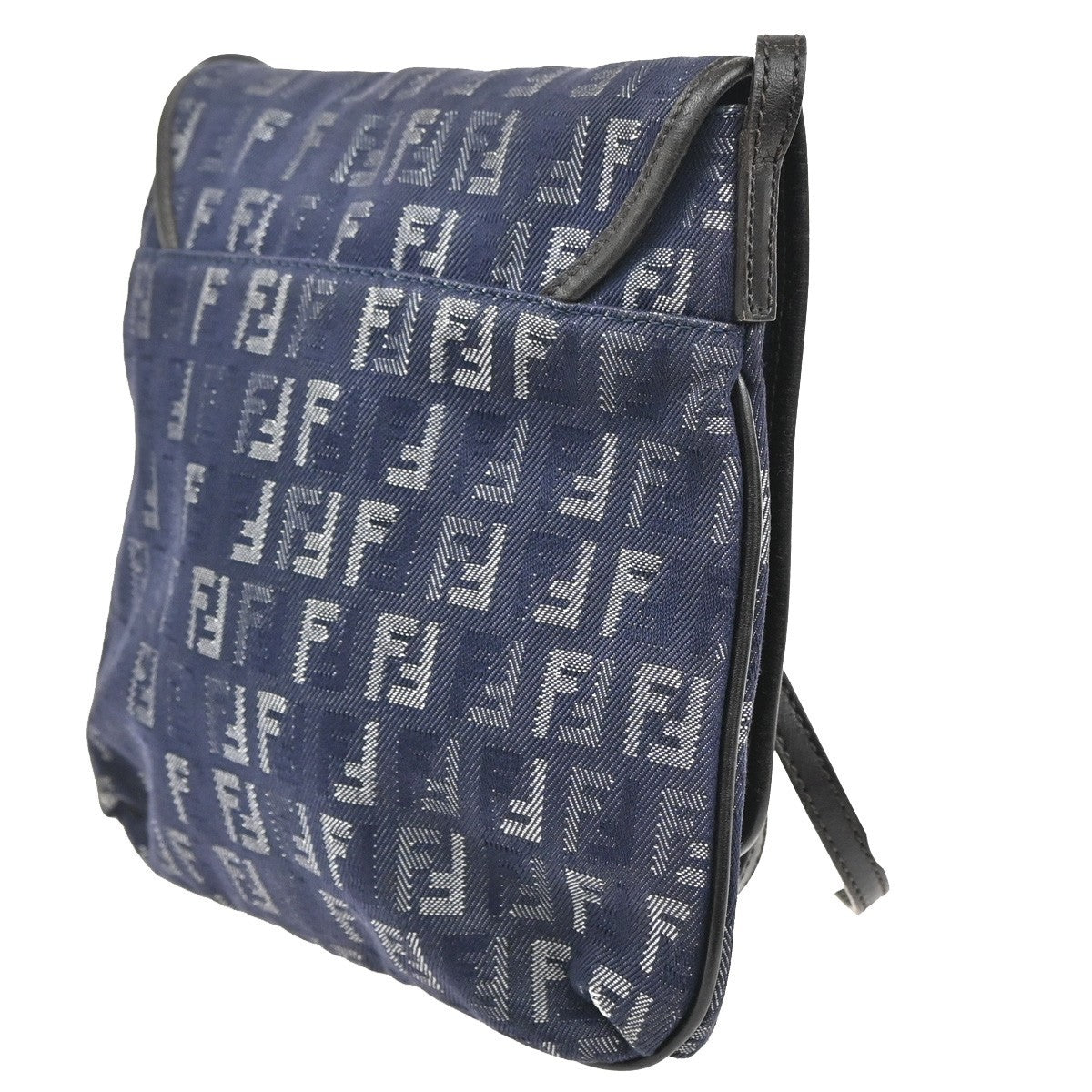 FENDI Logo Zuccino Flap Shoulder bag Canvas Leather Blue SHW Italy 85MA113