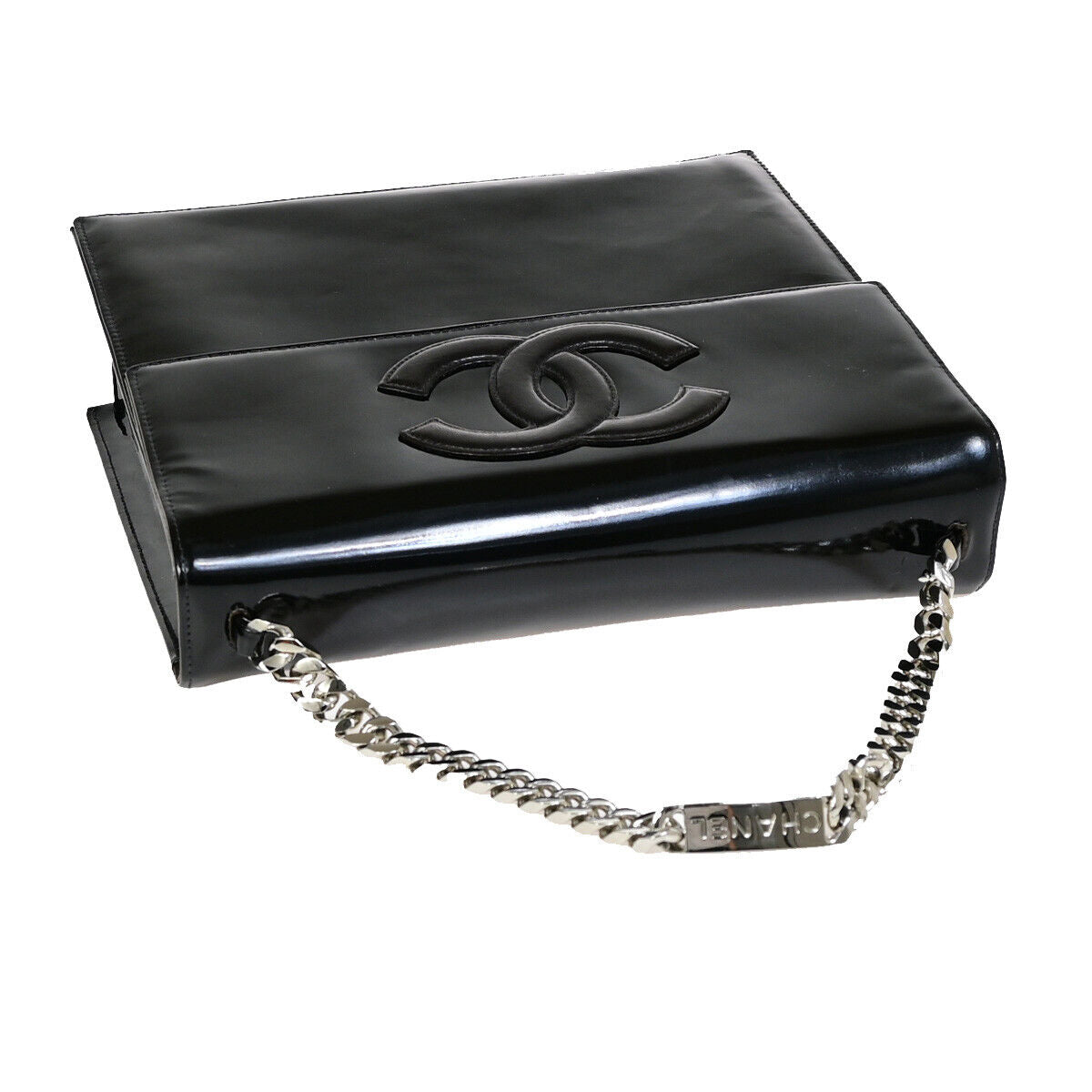 CHANEL CC Logo Chain Hand Bag Patent Leather Black SHW France Vintage 660RJ868