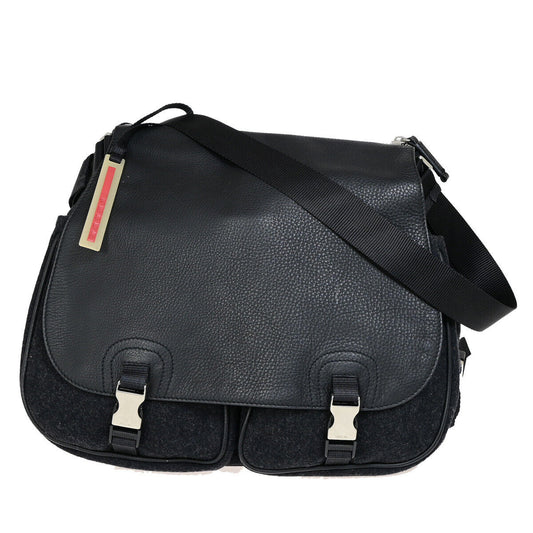 PRADA Sports Logo Crossbody Shoulder Bag Wool Leather Black SHW Italy 76YF636