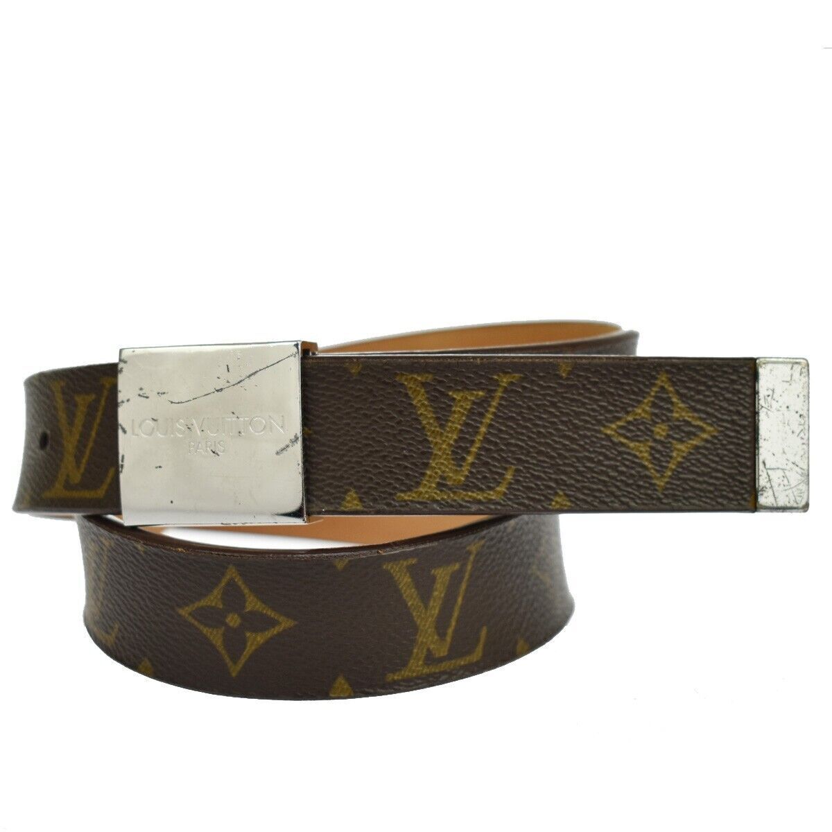 LOUIS VUITTON Ceinture Carre Belt Monogram Leather Brown Silver Spain 63YC264