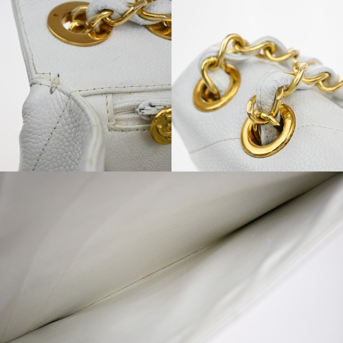 CHANEL CC Chain Shoulder Bag Grained Calfskin Leather White Vintage 834RP178