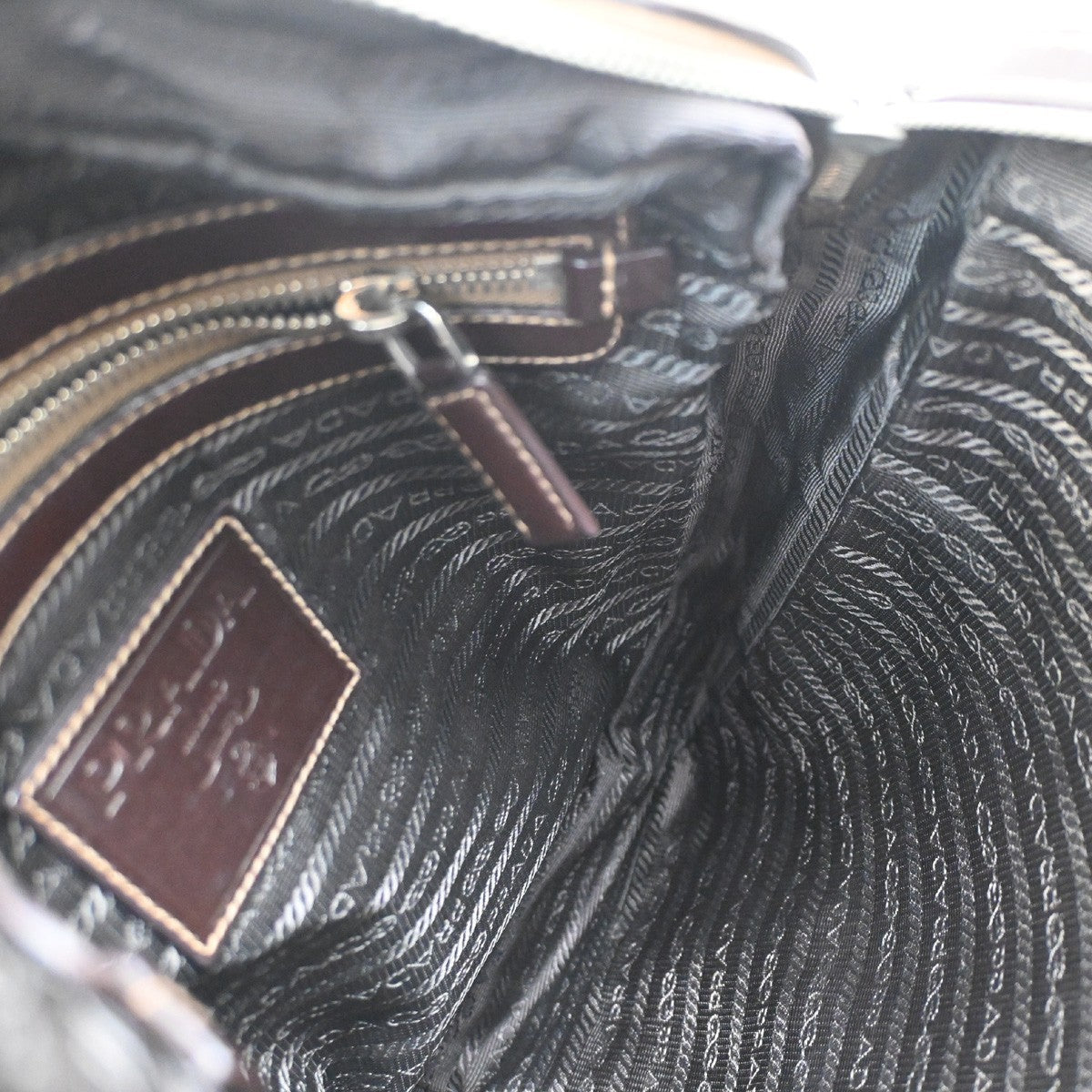 PRADA Logo Jacquard Shoulder Hand Bag Canvas Leather Brown SHW 84CA691