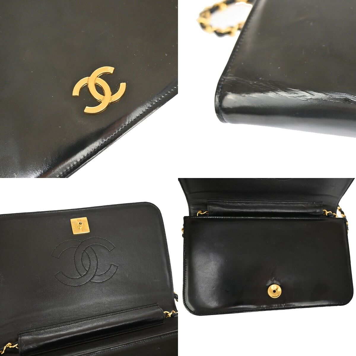 CHANEL CC Lgoo Chain Shoulder Bag patent Leather Black GHW 52YD947