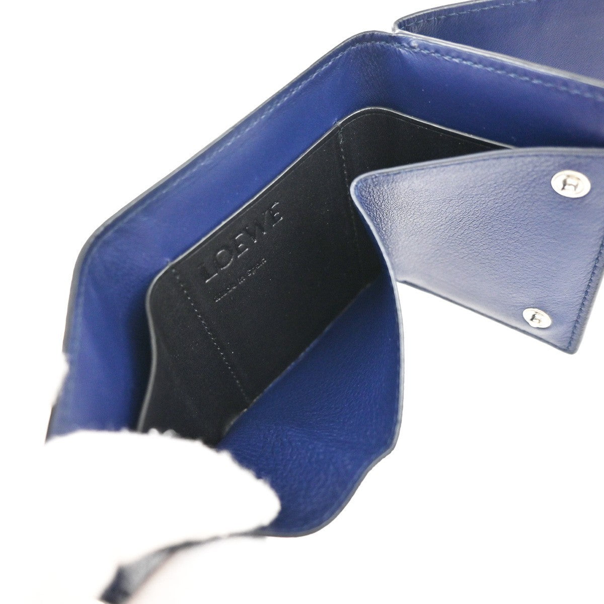 LOEWE Logo Trifold Compact Wallet Leather Navy Blue Made In Spain 68KP026
