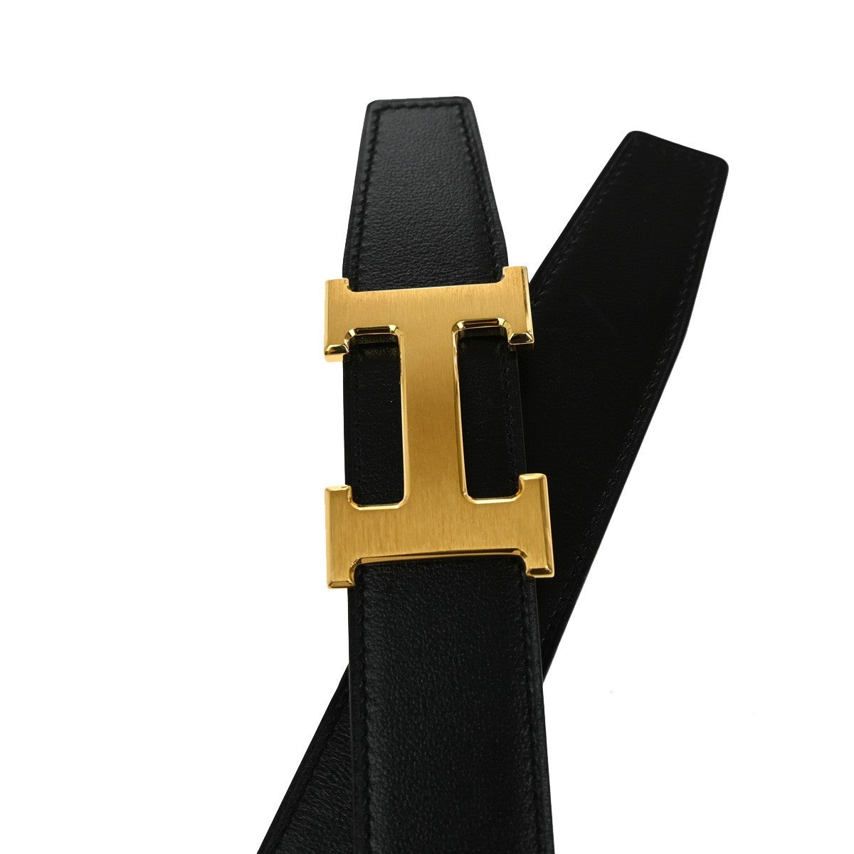 HERMES H Logo Constance Reversible Buckle Belt 80# Leather Black Brown 78RL421