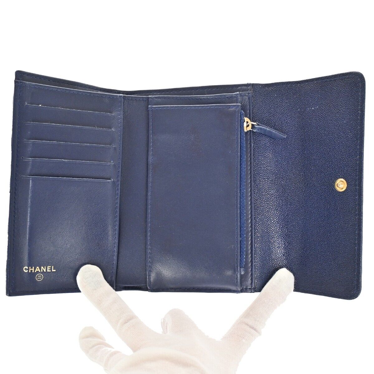 CHANEL CC Chanel boy Trifold Wallet Purse Caviar Skin Leather Navy Blue 34HB611