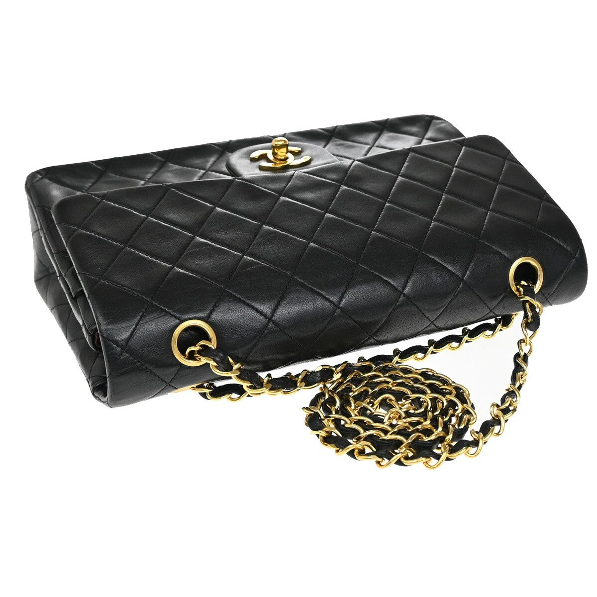 CHANEL CC Matelasse 25 Double Flap Chain Shoulder Bag Lamb Skin Black 892RF267