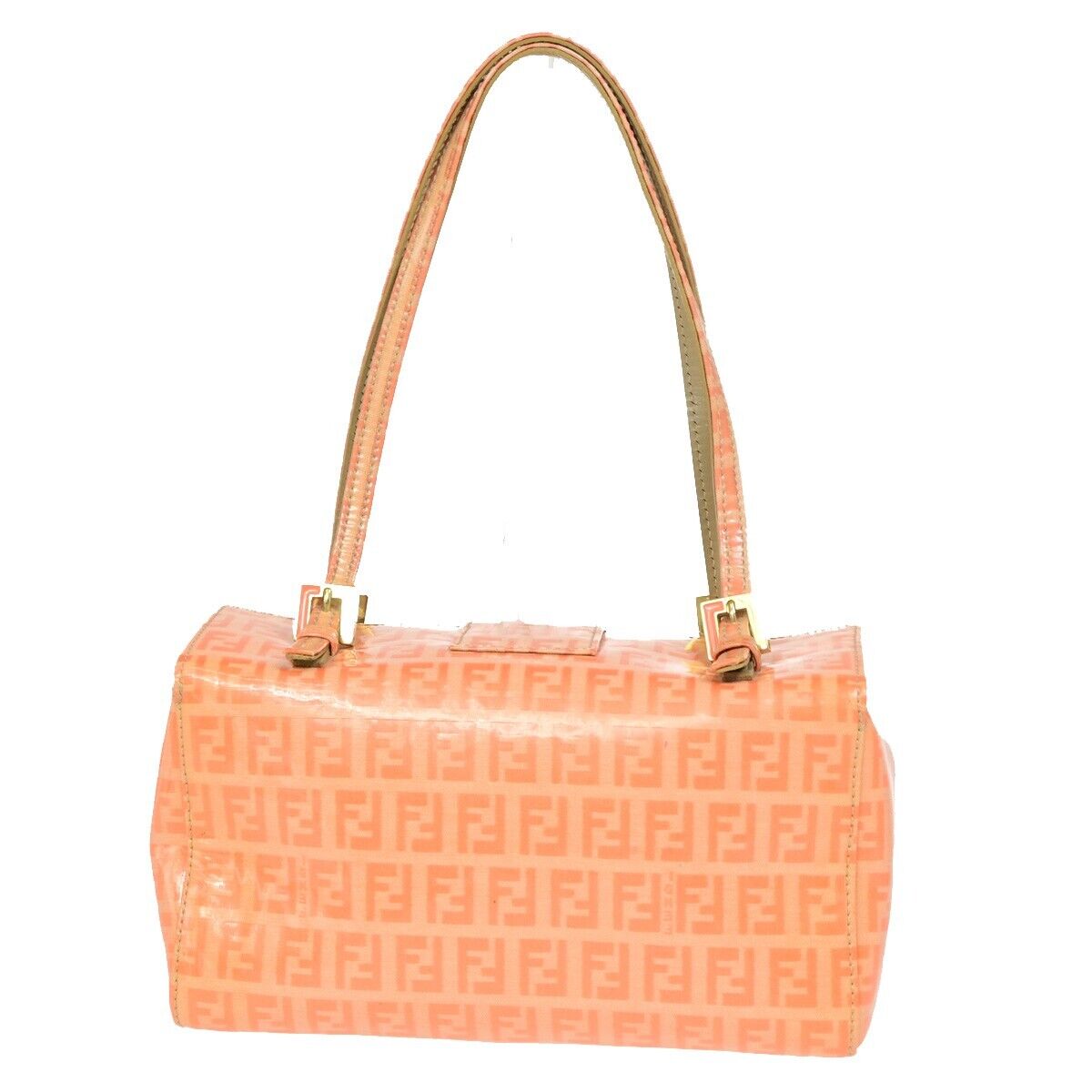 FENDI Logo Zucca Pattern Hand Shoulder Bag Patent Leather orange Gold 87SH936