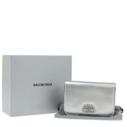 BALENCIAGA BB Logo Mini Trifold Wallet Purse Leather Silver Italy 30YF007