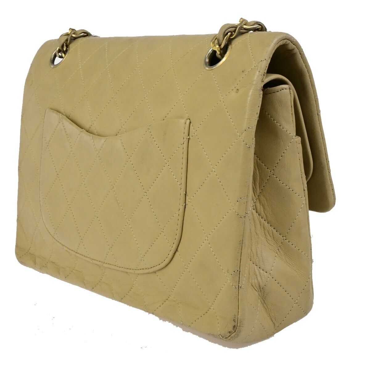 CHANEL CC Matelasse 25 Double Flap Chain Shoulder Bag Leather Beige GHW 636FB329