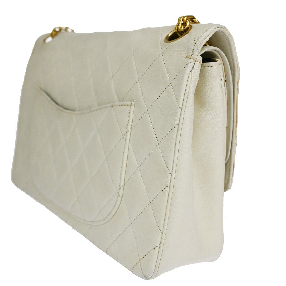 CHANEL CC Matelasse 25 Double Flap Chain Shoulder Bag Leather White GHW 636RJ391
