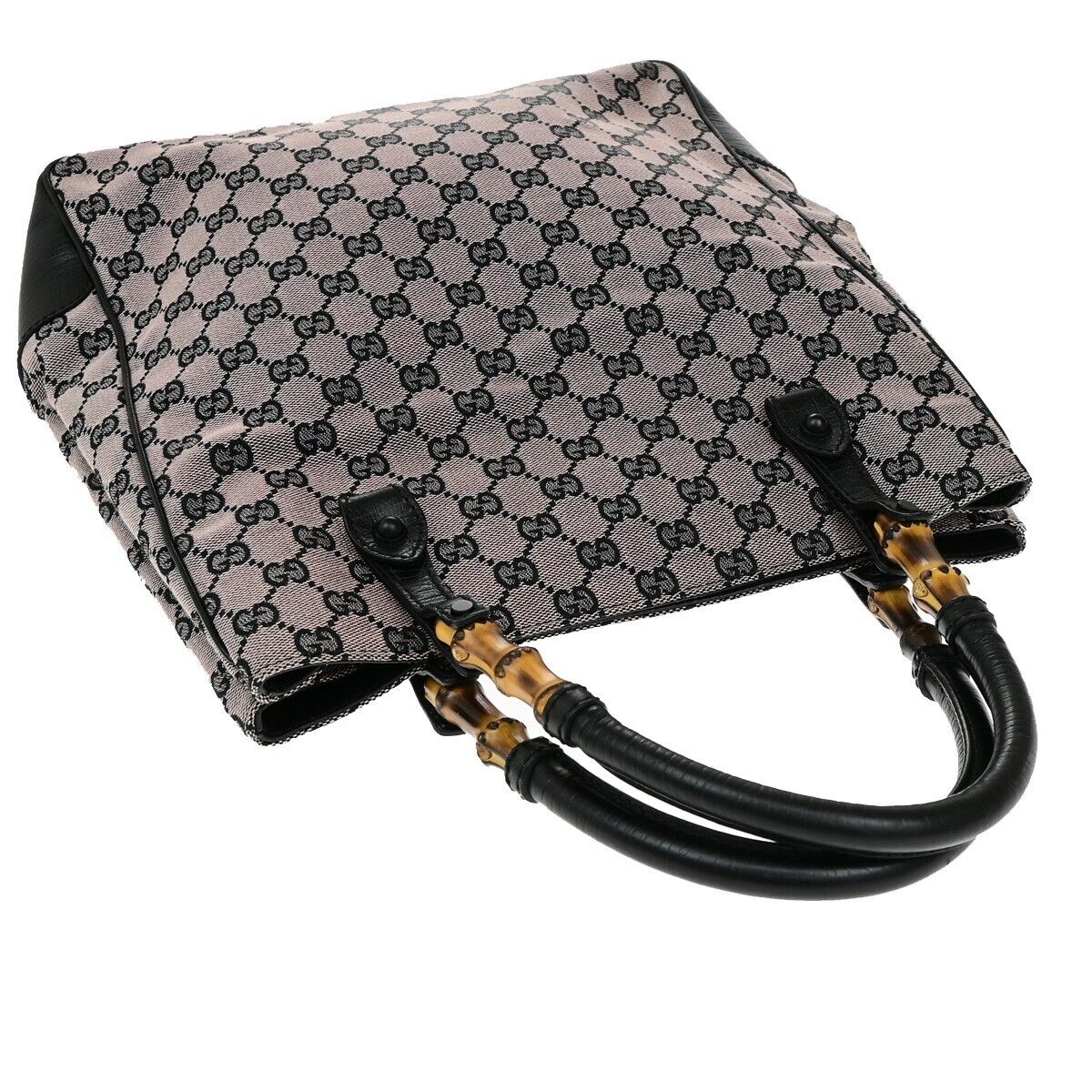 GUCCI Logo Bamboo GG Pattern Shoulder Bag Canvas Leather Pink Black 36EE063