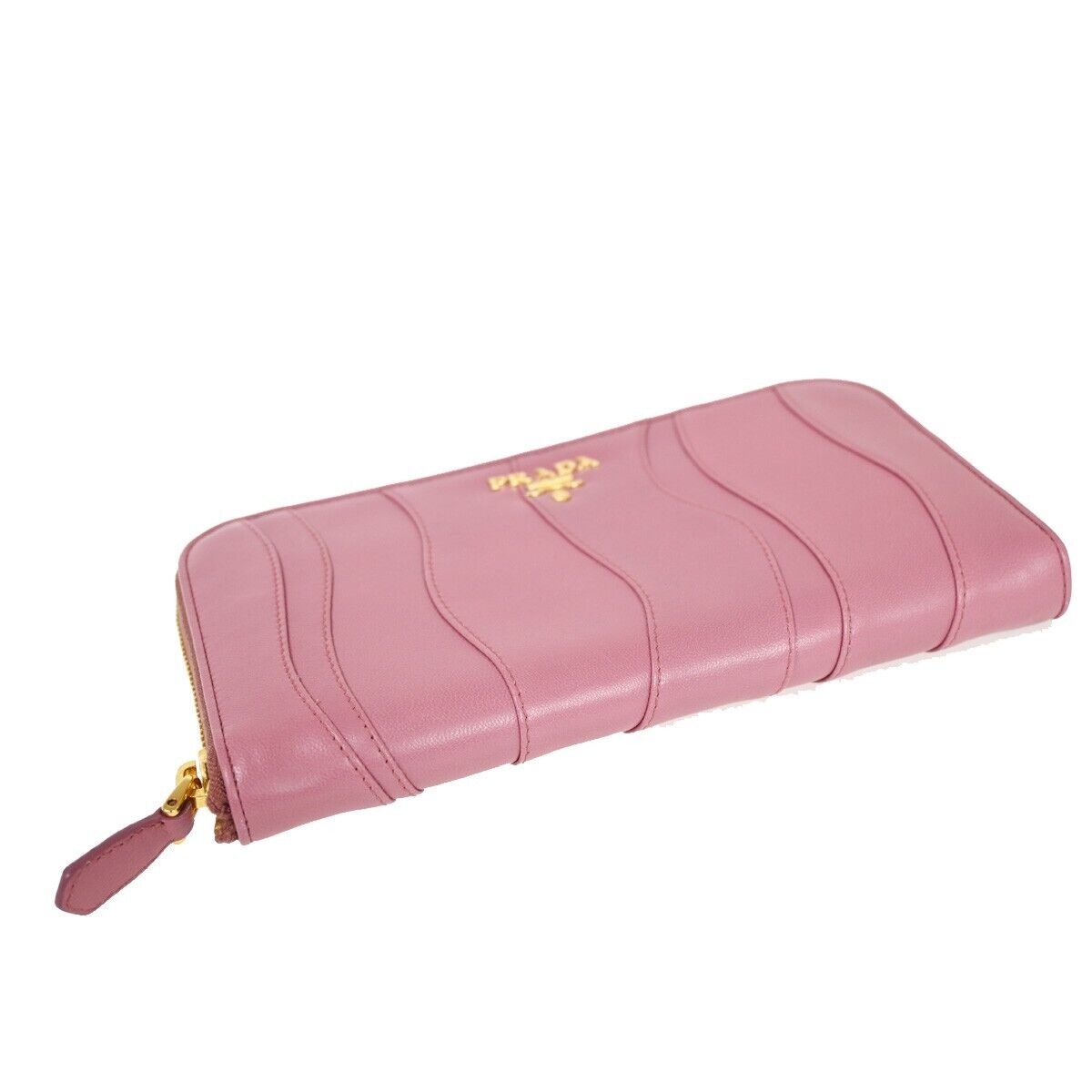 PRADA Logo Long Zip Wallet Nappa Stripes Leather Camelia Pink Gold Italy 82SH690