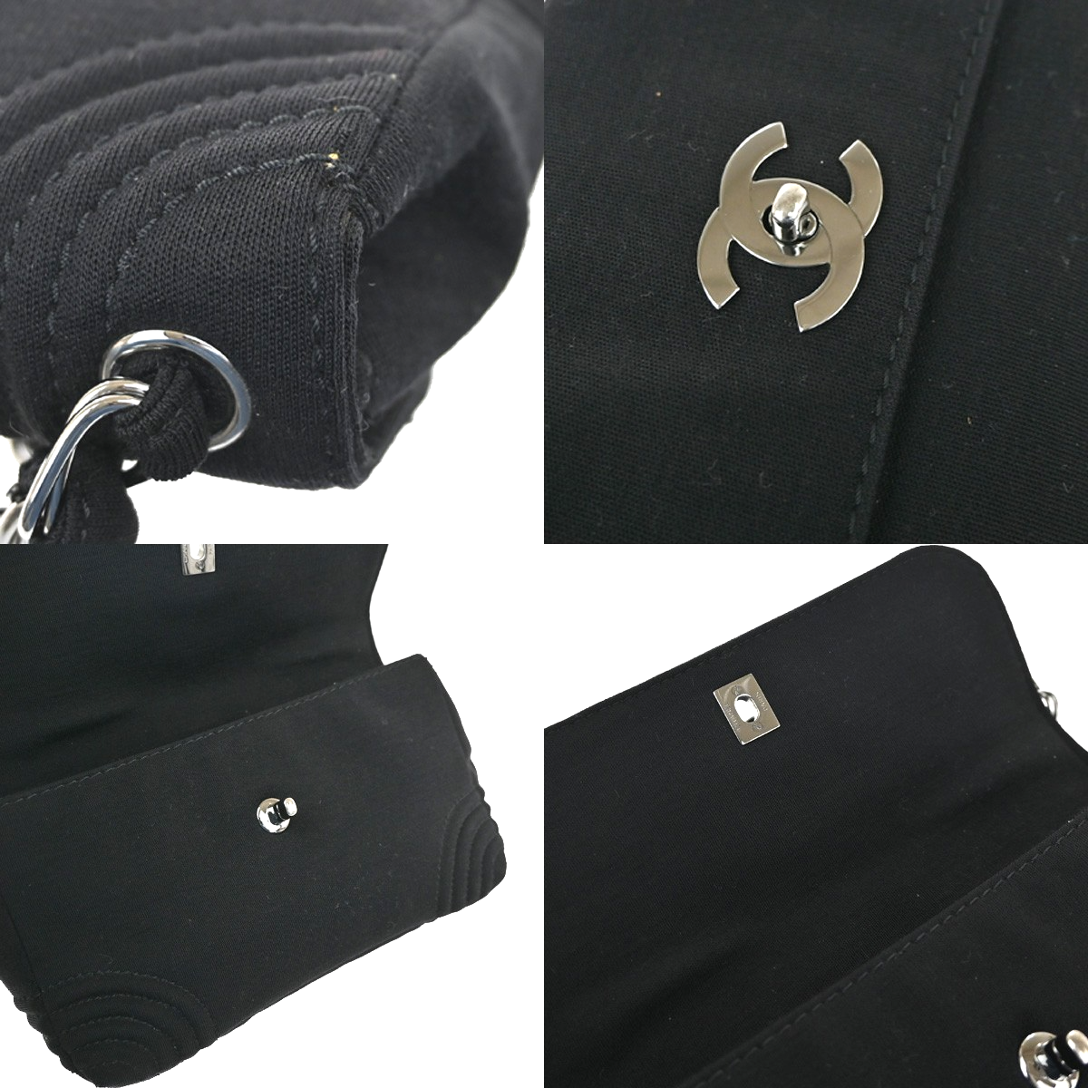 CHANEL CC Logo Jersey Chain Shoulder Bag Canvas Leather Black SHW Italy 678RL975