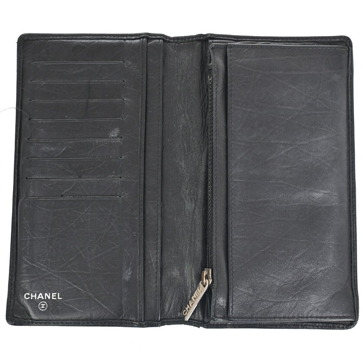 CHANEL CC Logo Cambon Long Bifold Wallet Leather Black Silver France 60HB515