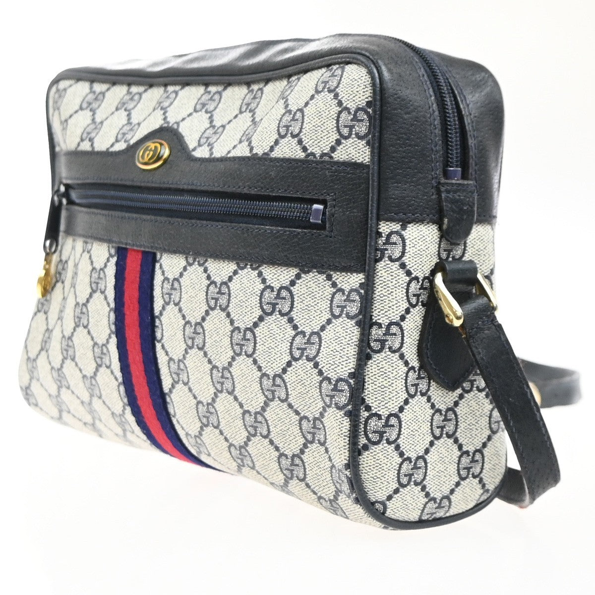 GUCCI Logo GG Sherry Line Shoulder Hand Bag PVC Leather Navy Blue Italy 69MA470