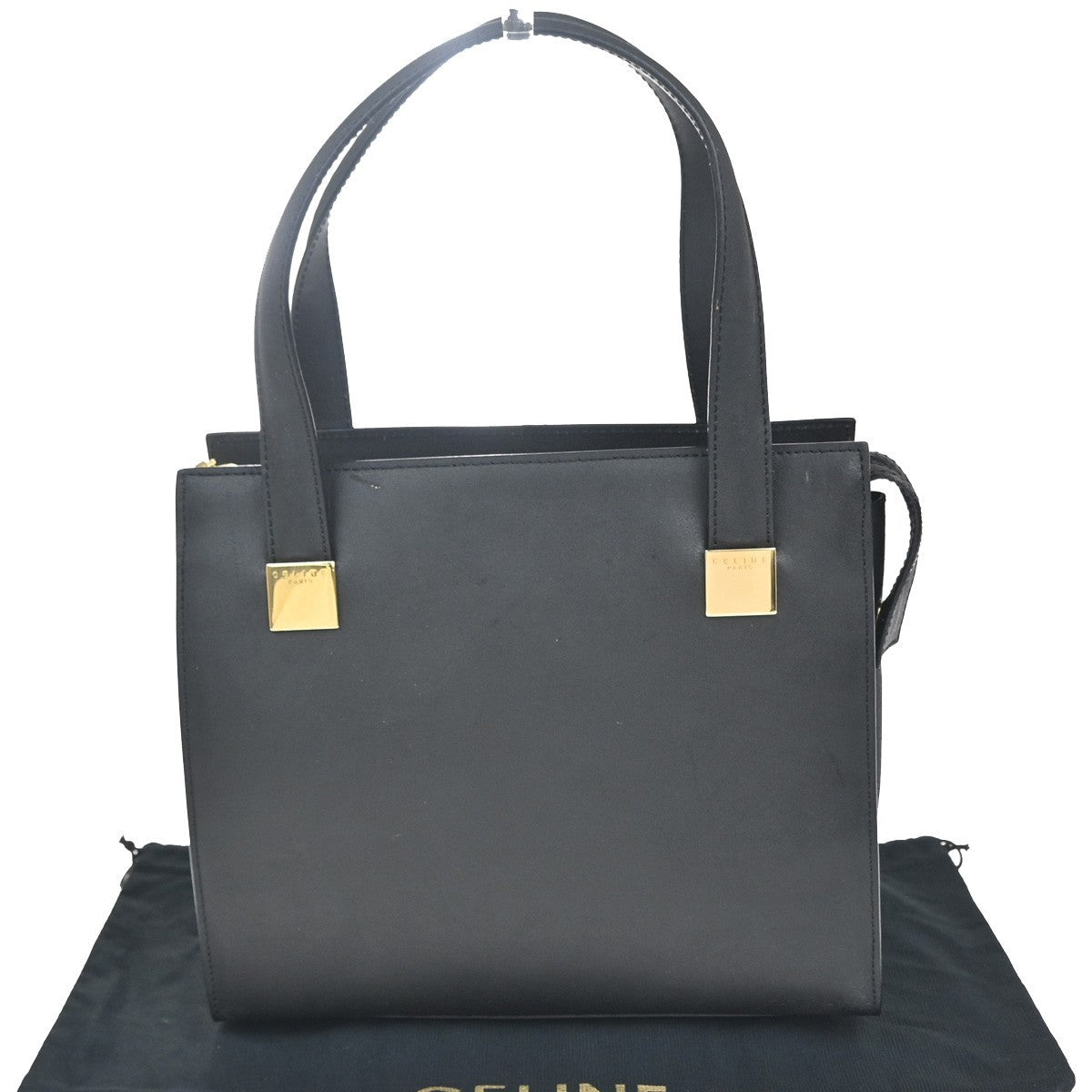CELINE Logo Shoulder Hand Tote Bag Leather Black GHW Italy 30KC715