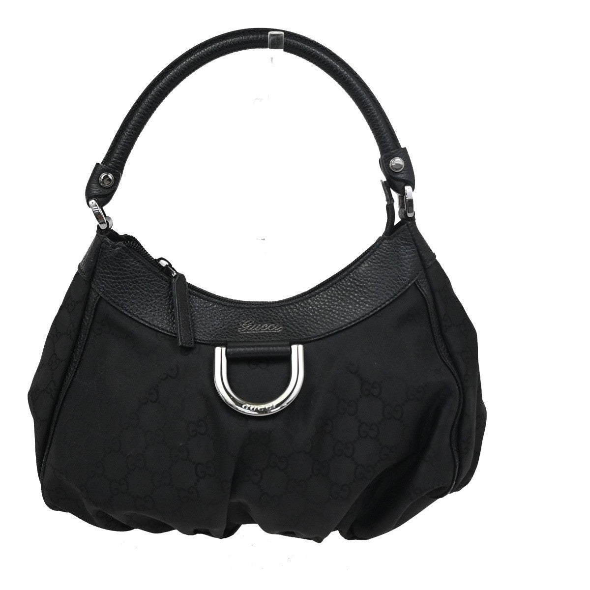 GUCCI Logo Abbey D-Ring GG Pattern Shoulder Bag Canvas Leather Black SHW 12ZA155