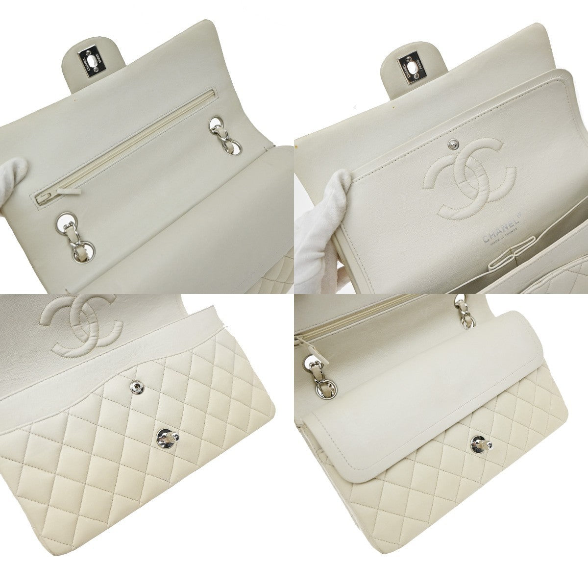CHANEL CC Matelasse 25 Double Flap Chain Shoulder Bag Leather White SHW 700RP187