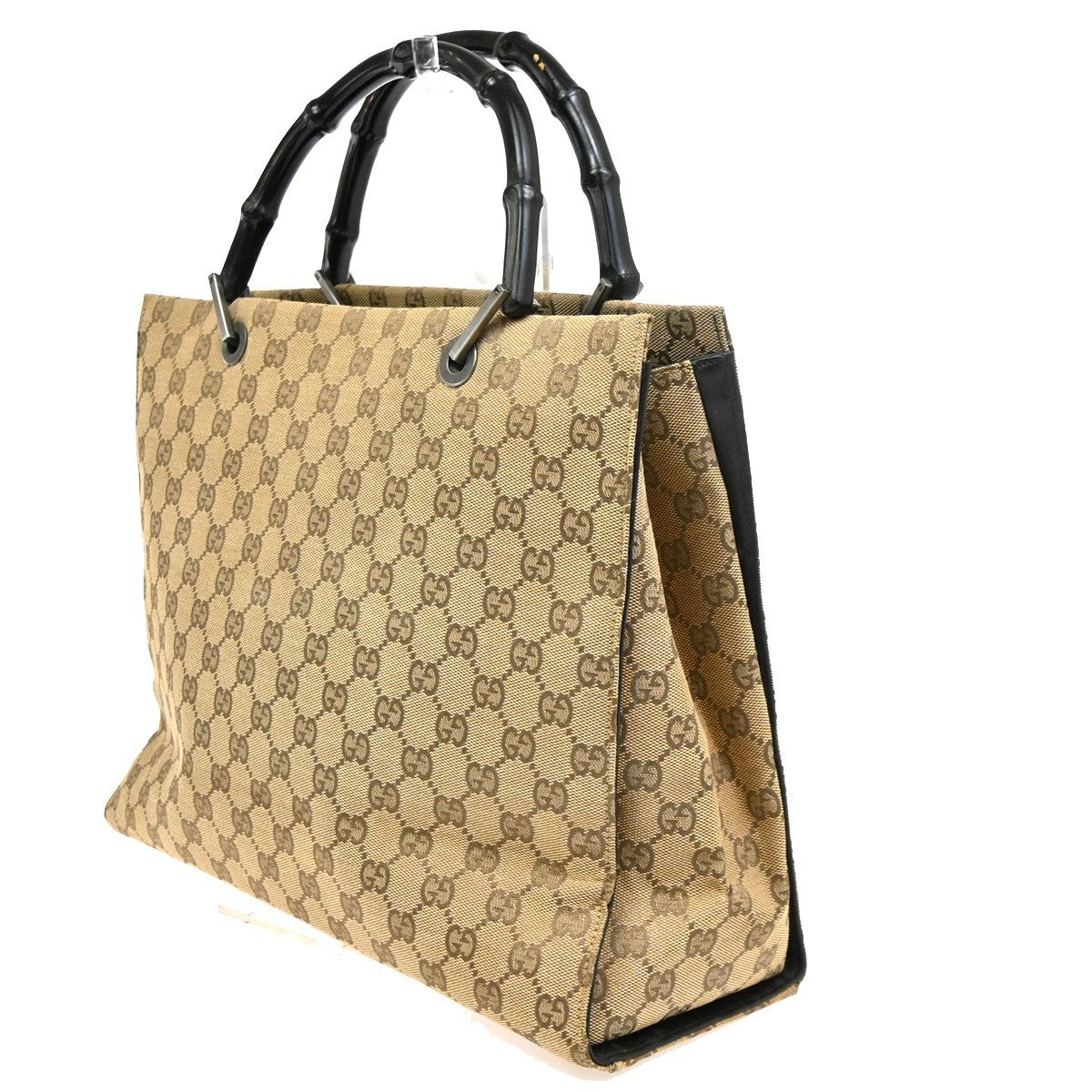GUCCI Logo GG Pattern Hand Tote Bag Bamboo Canvas Leather Beige Italy 31TA687