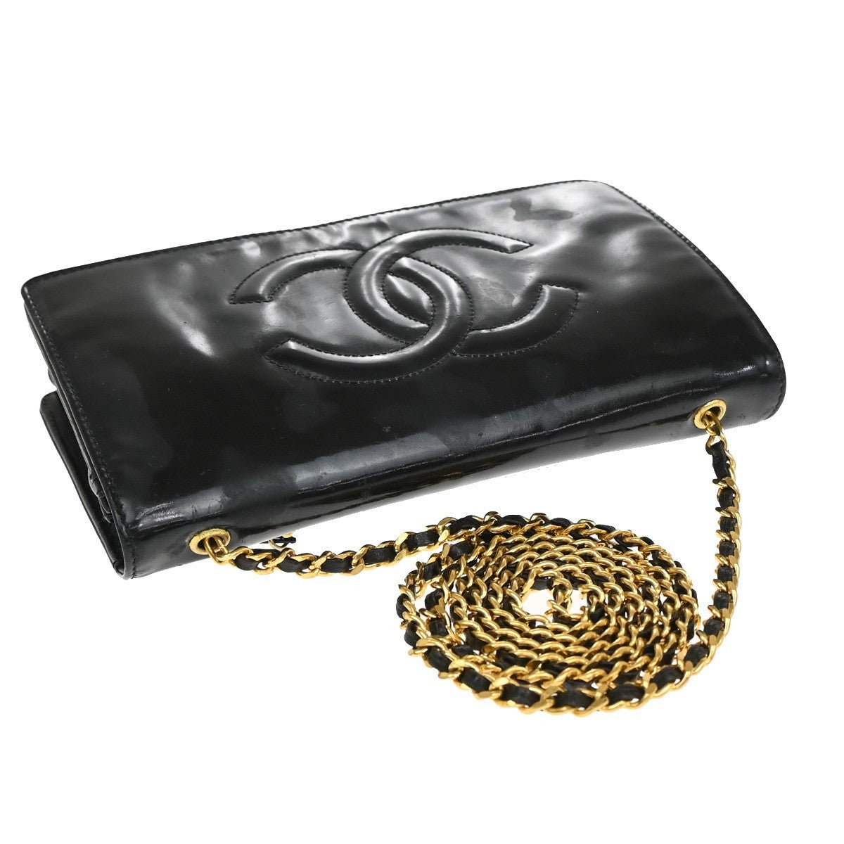 CHANEL CC Logo Mini Chain Wallet Shoulder Bag Patent Leather Black GHW 76RF666