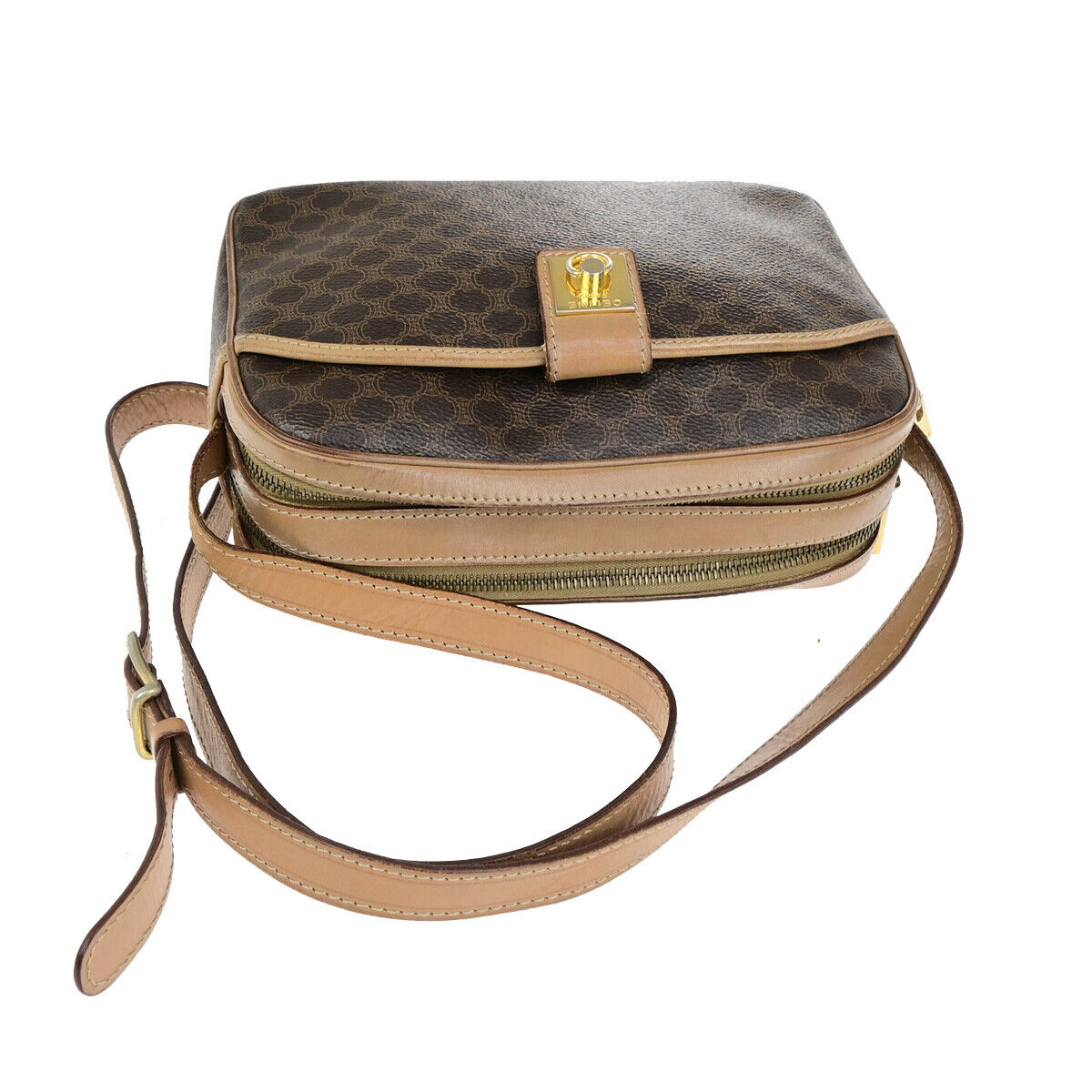 CELINE Logo Macadam Pattern Shoulder Bag PVC Leather Brown GHW Italy 35YG591