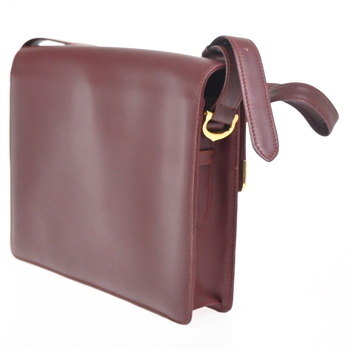 MUST DE CARTIER 2C Logo Two Flap Shoulder Bag Leather Bordeaux GHW Spain 37ZA278