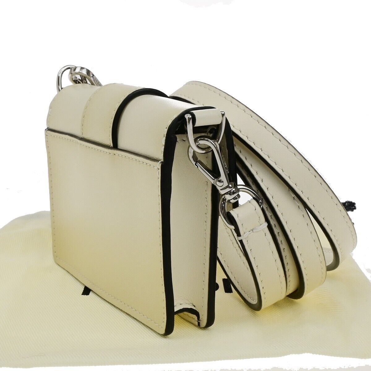 FENDI Logo Mini Flat Baguette Shoulder Bag Wallet Leather White 7M0311 89ED465
