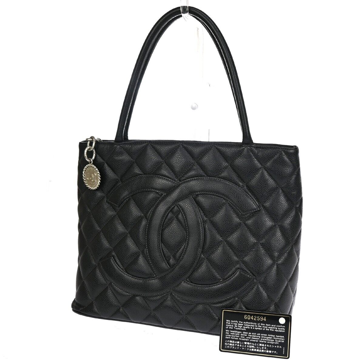 CHANEL CC Logo Medallion Shoulder Tote Bag Caviar Skin Leather BK SHW 672RJ010