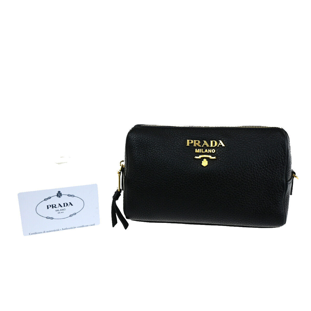 PRADA Logo Cosmetic Pouch VITTELO DAINO Leather Black GHW 32SJ082