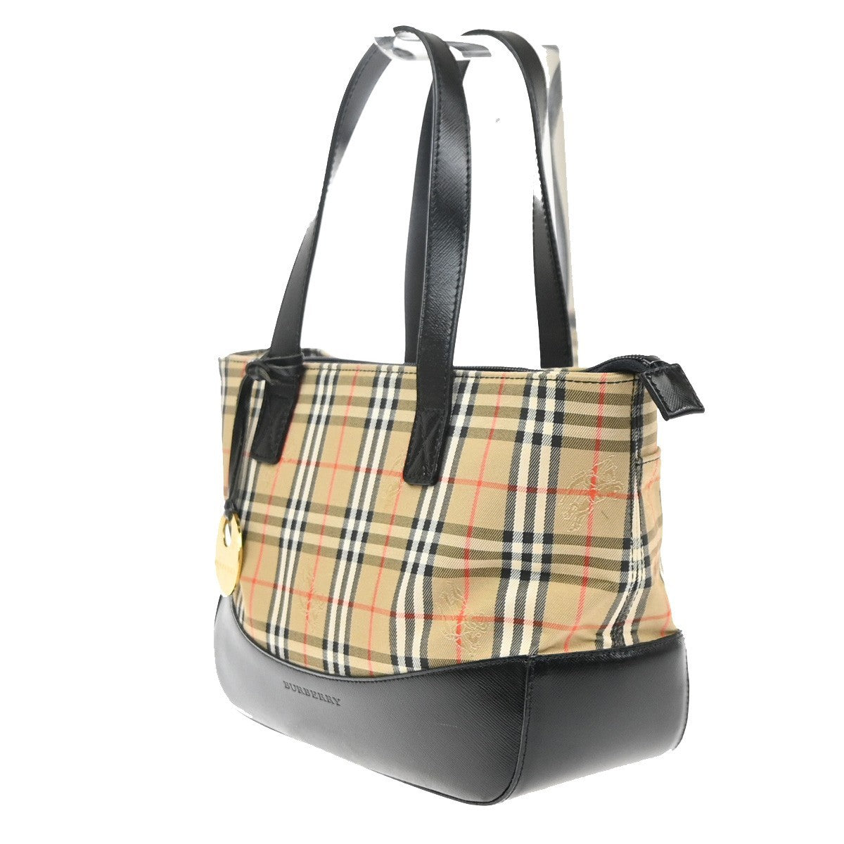 BURBERRY Logo Nova Check Tote Hand Bag Canvas Leather Beige Black GHW 87RL996