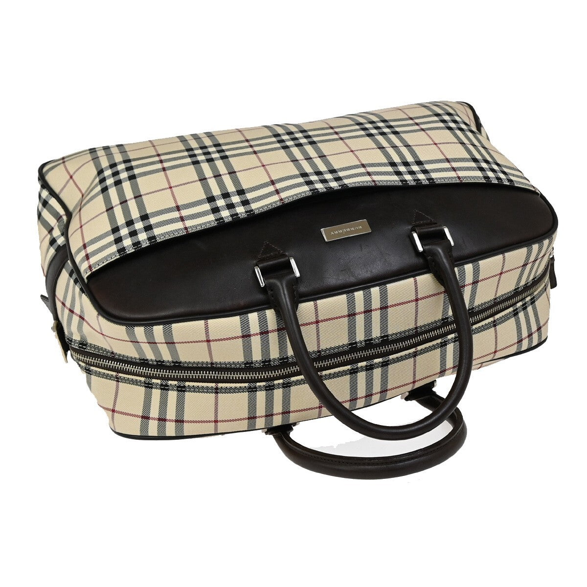 BURBERRY Logo Nova Check Boston Hand Bag Canvas Leather Beige Brown 30FB778