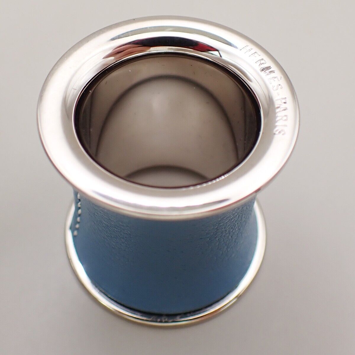 HERMES Logo Scarf Ring Leather Silver Blue Accessory 04KA476