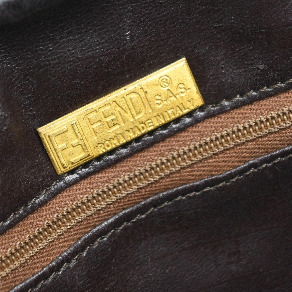 FENDI Logo Zucchino Pattern Hand Bag Coating Canvas Leather Brown 62KP355